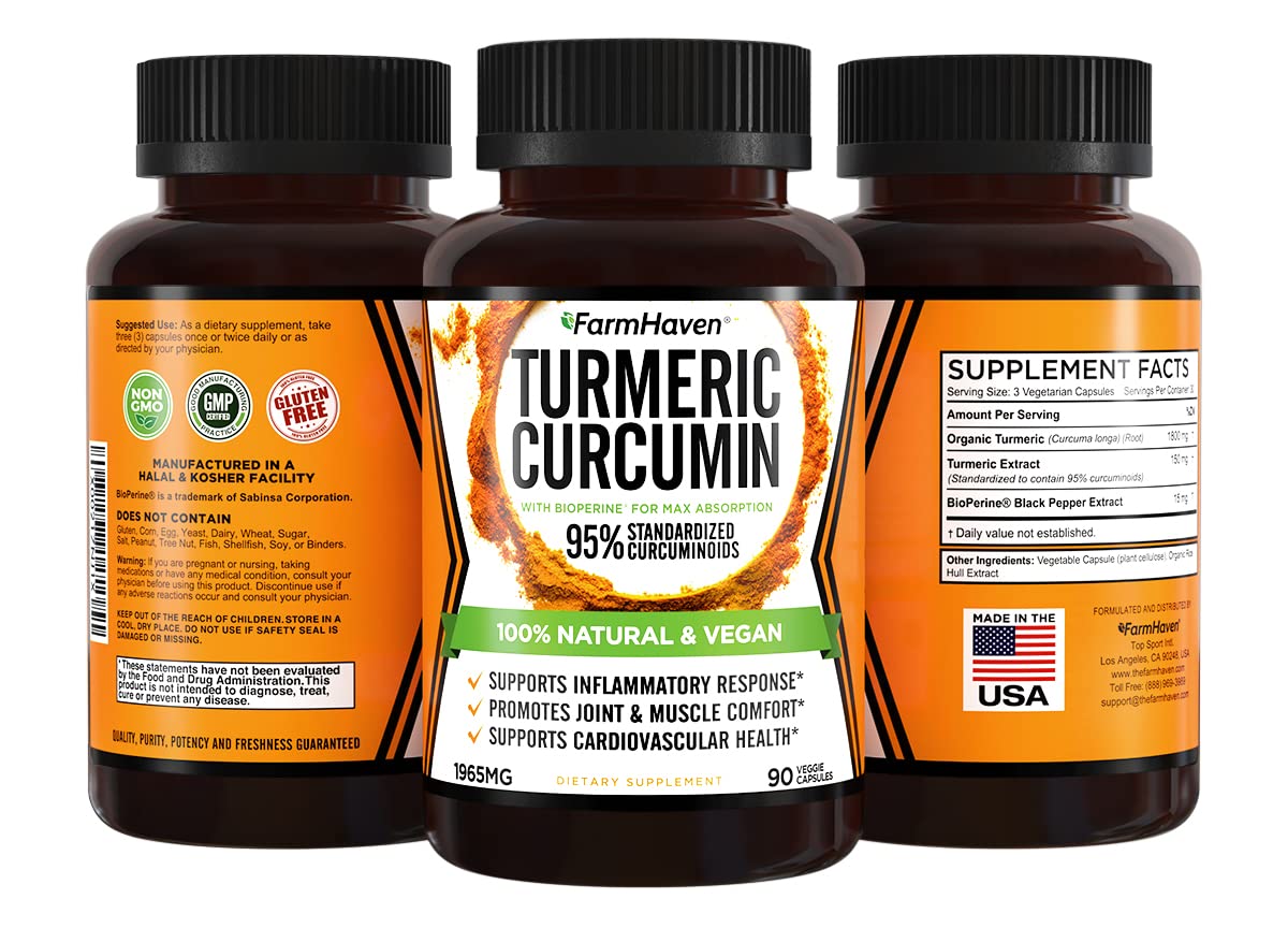 FarmHaven Turmeric Curcumin capsules provide vegan, non-GMO daily wellness.