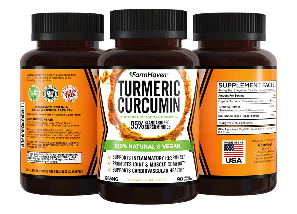 FarmHaven Turmeric Curcumin capsules provide vegan, non-GMO daily wellness.