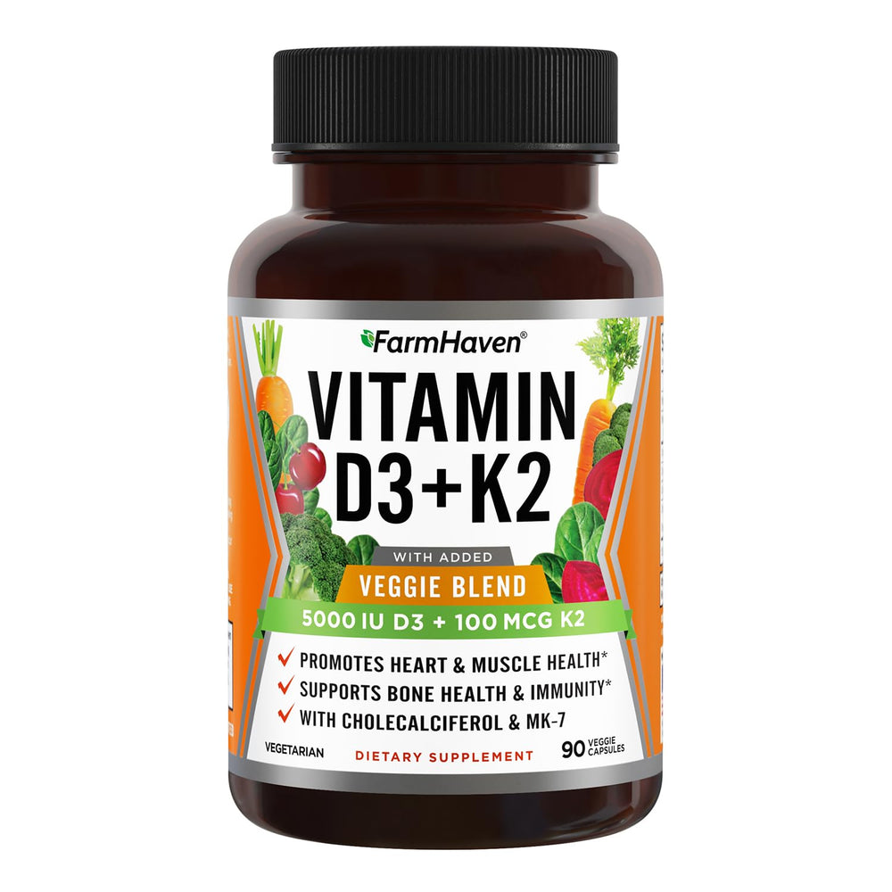 FarmHaven Vitamin D3 K2 bottle close-up showing 5000 IU D3 and 100 mcg MK-7 for daily use.