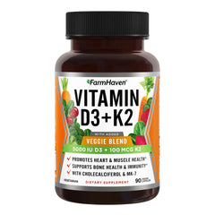 FarmHaven Vitamin D3 K2 bottle close-up showing 5000 IU D3 and 100 mcg MK-7 for daily use.