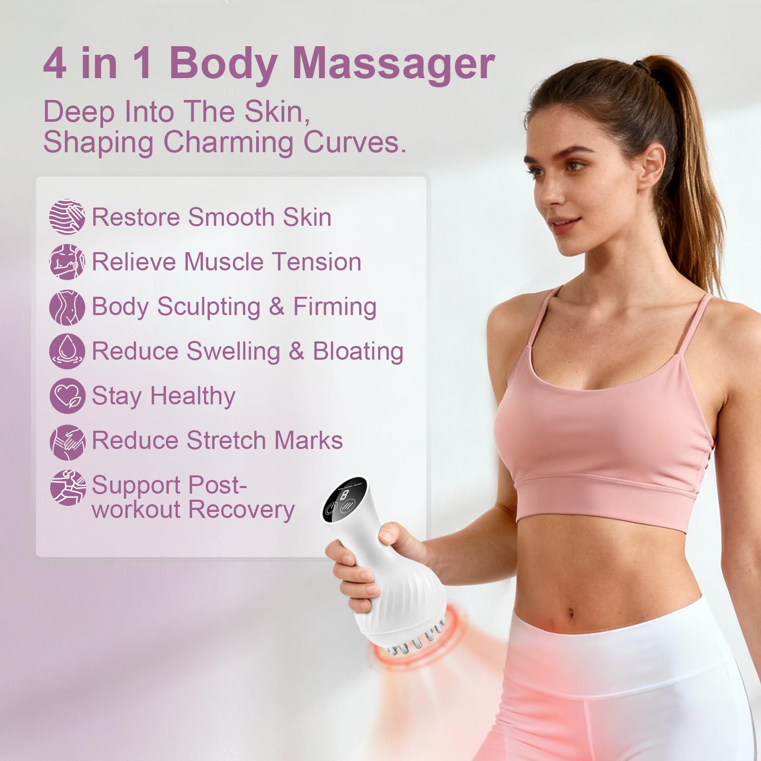 FASCITONE red-light heat therapy highlights skin warmth and a soothing massage.
