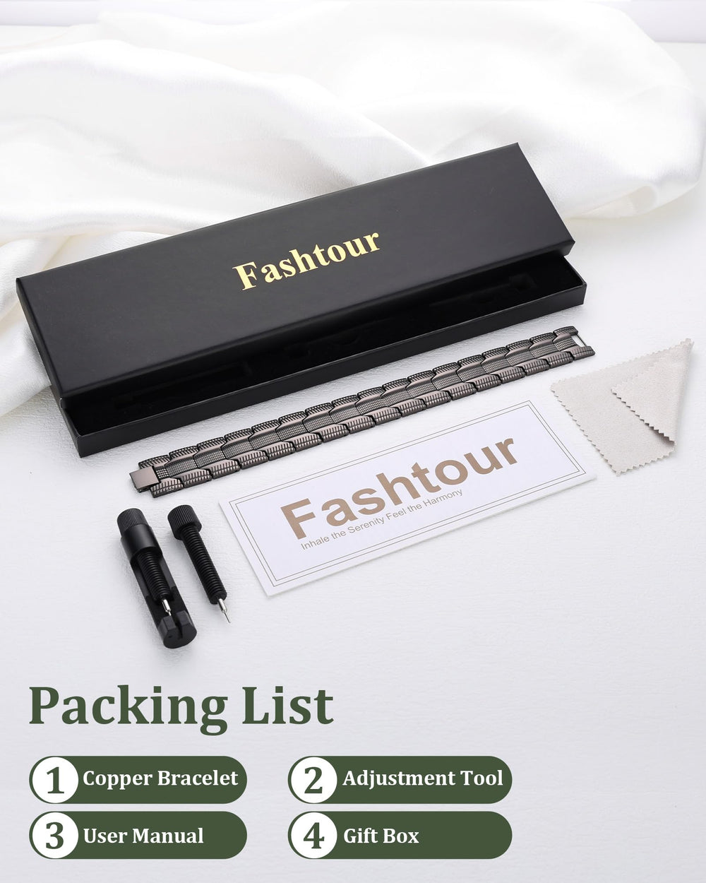 Fashtour 3X copper bracelet care guide included with packaging