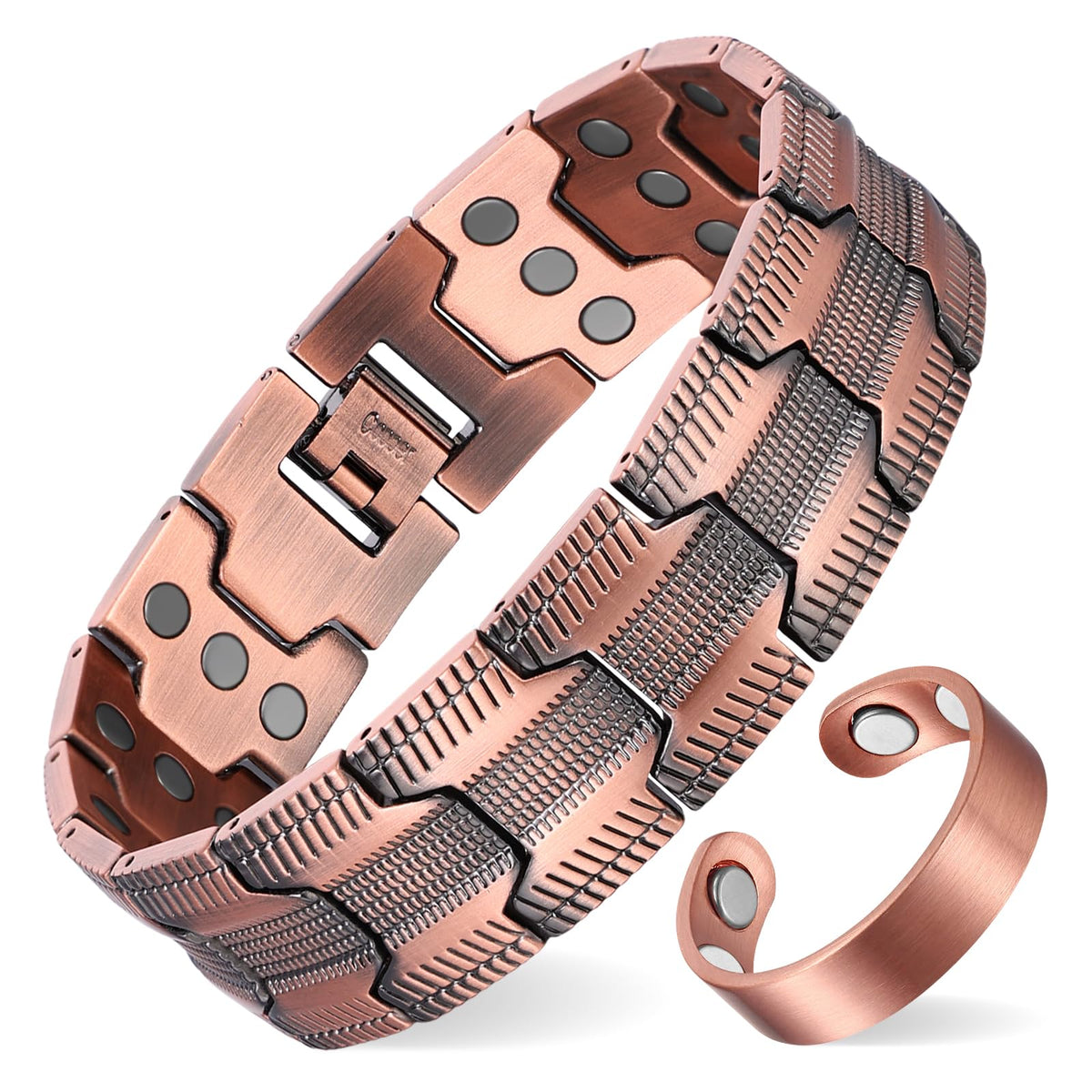 Fashtour 3X copper bracelet closeup highlighting rugged armor-inspired links for masculine style