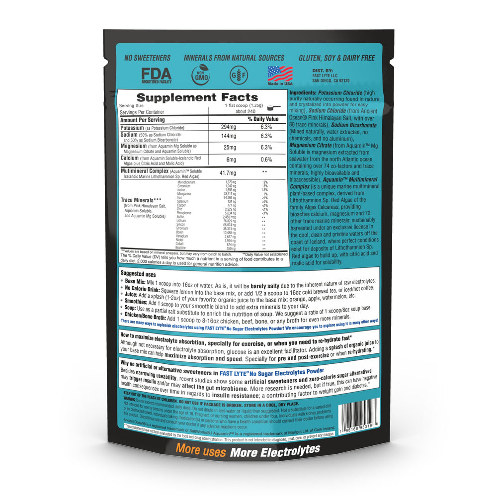 FAST LYTE powder pouring into a glass of water for hydration.