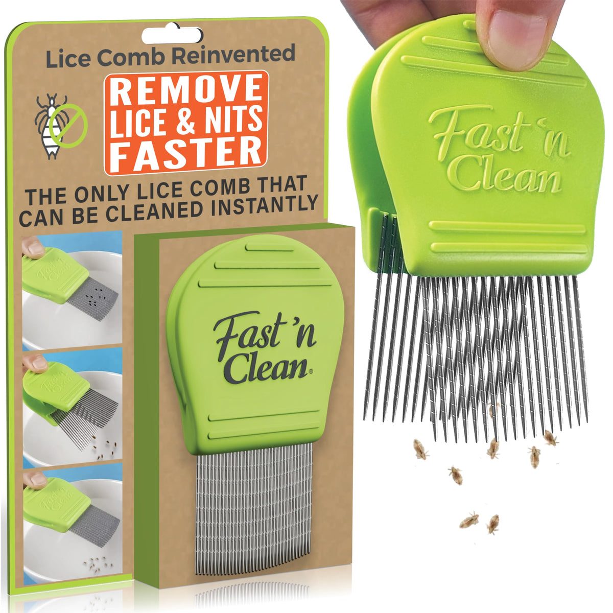Fast 'n Clean Lice Comb front view with sleek design and easy cleaning.