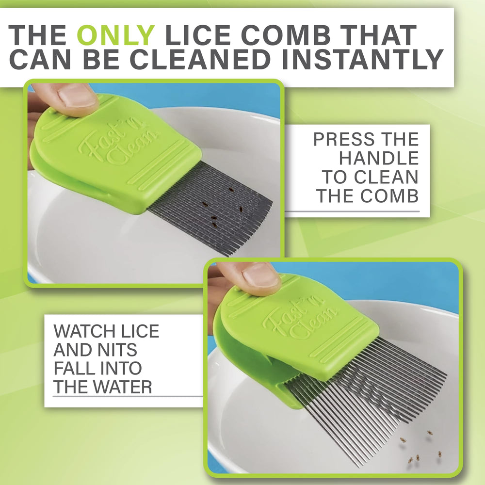 Fast 'n Clean Lice Comb in use shows gentle glide through hair.