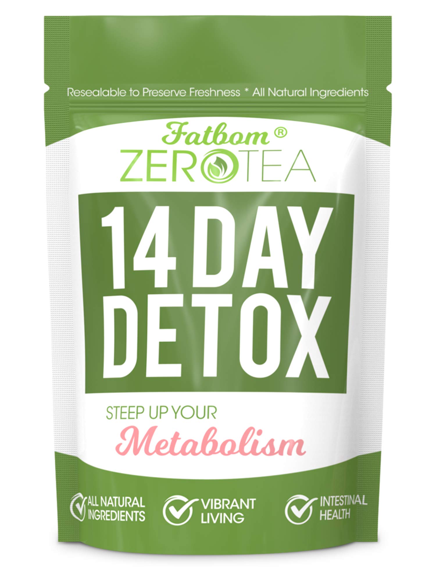 FATBOM Zero Tea packaging closeup highlighting detox blend for daily use.