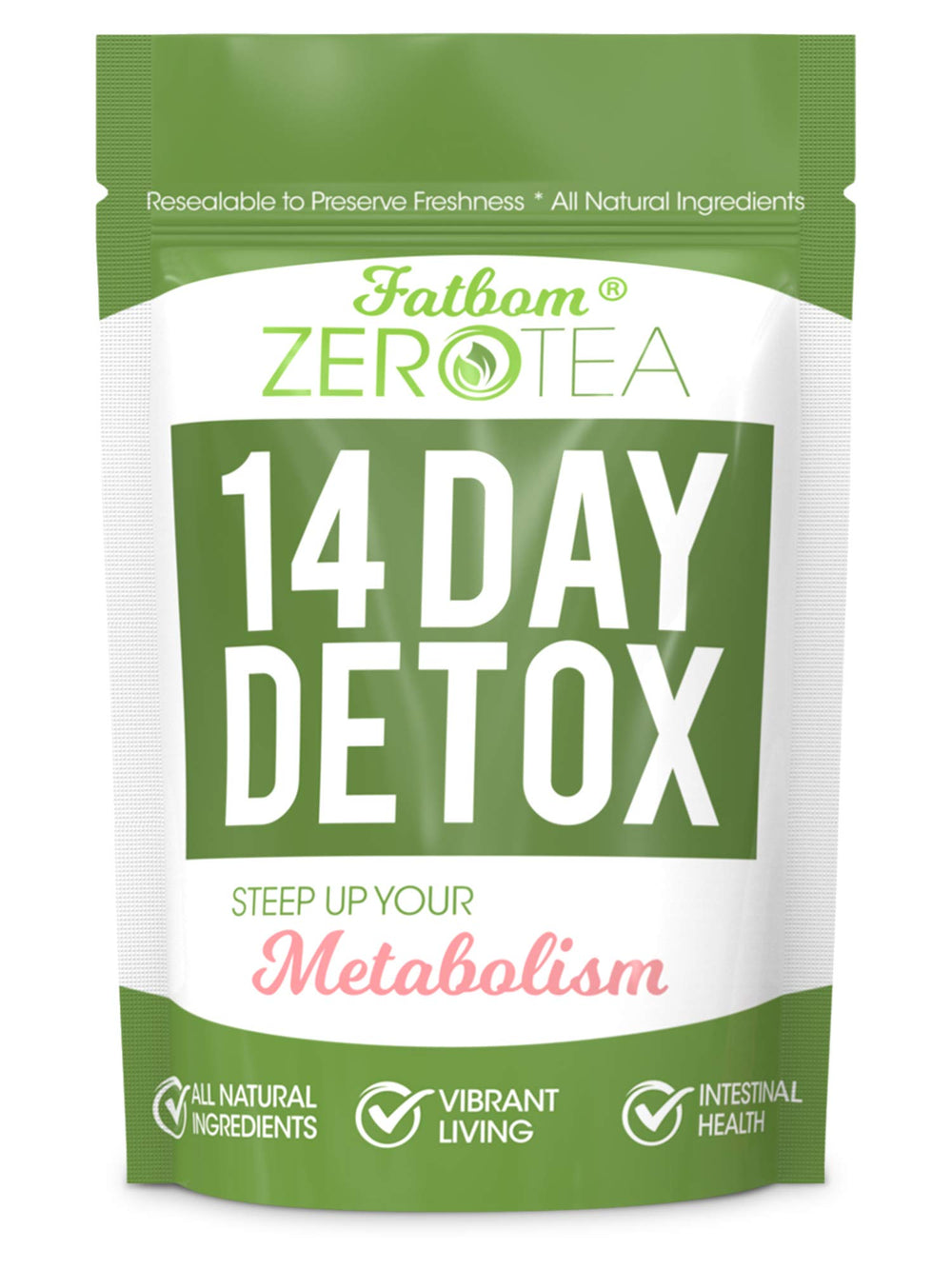 FATBOM Zero Tea packaging closeup highlighting detox blend for daily use.