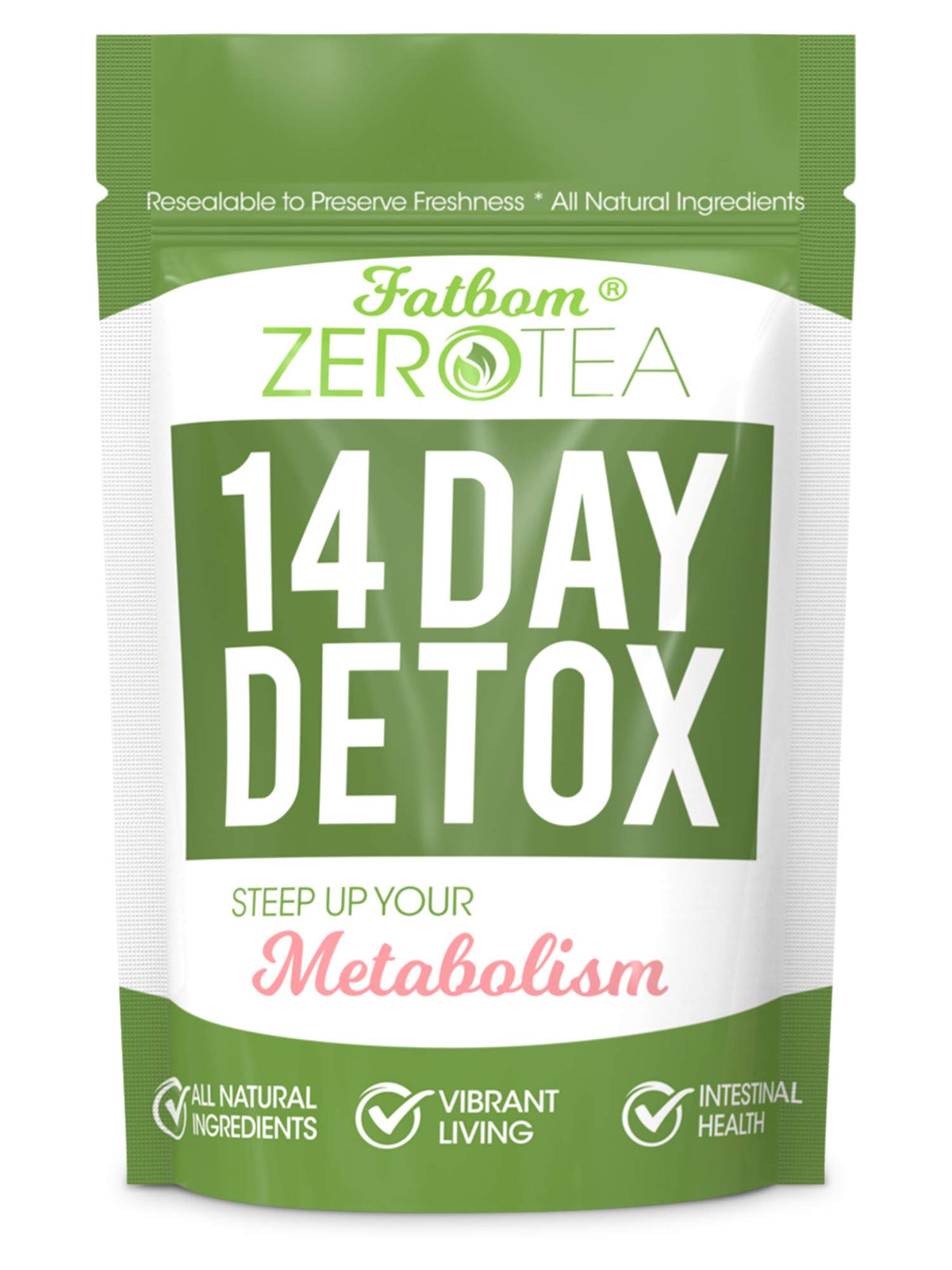 FATBOM Zero Tea packaging closeup highlighting detox blend for daily use.