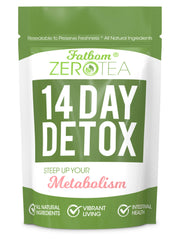 FATBOM Zero Tea packaging closeup highlighting detox blend for daily use.