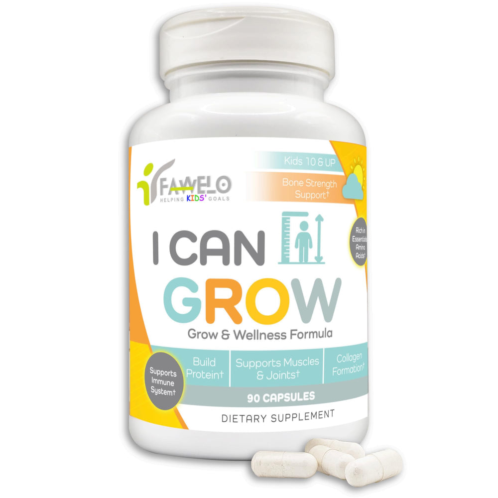Fawelo I Can Grow Day-Time bottle front showcasing a daily growth support vitamin for kids.