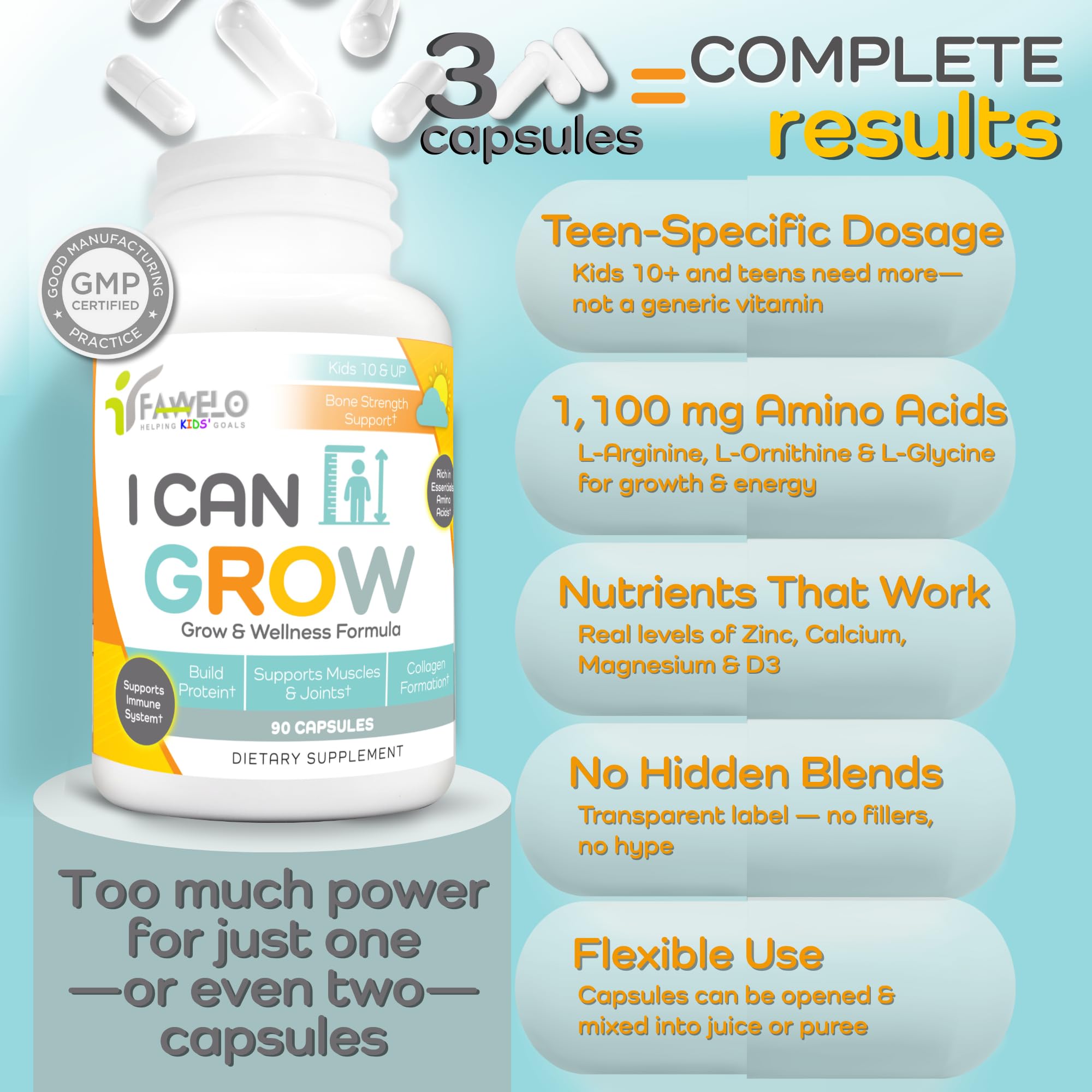 Close-up of capsules from Fawelo Day-Time for easy daily intake by teens.