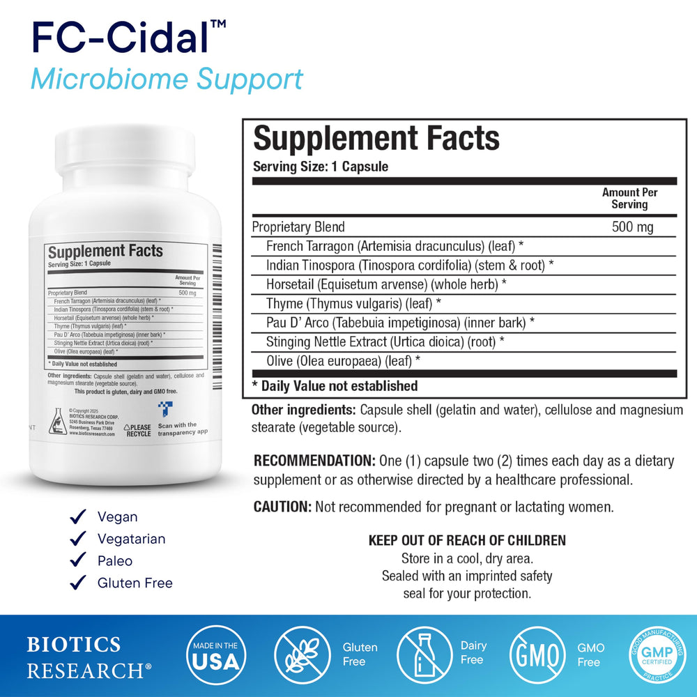 FC-Cidal capsules closeup highlights 500 mg herbal blend for digestive health.