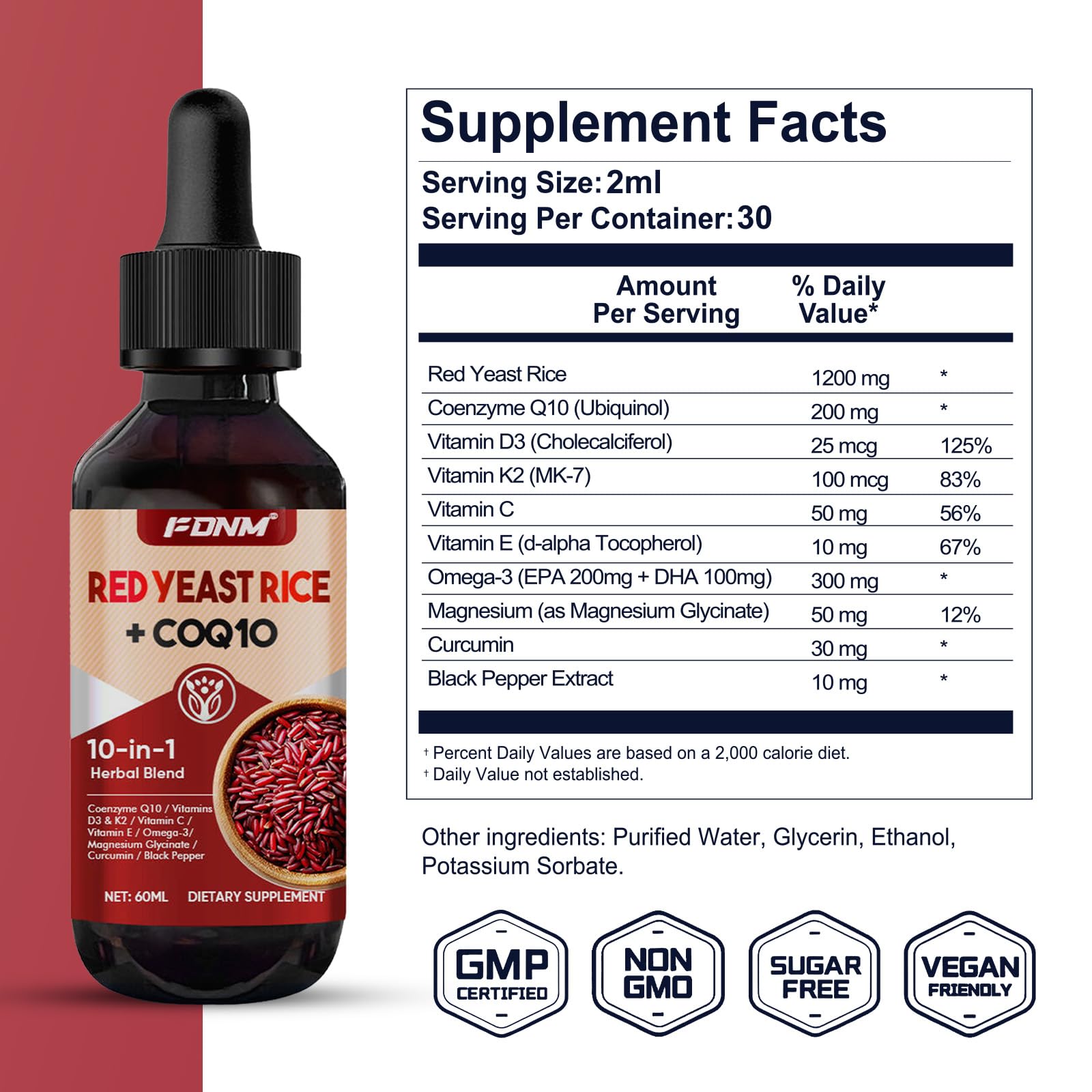 FDNM Red Rice Yeast CoQ10 Drops bottle on a kitchen counter for daily use.