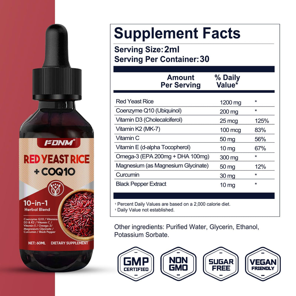 FDNM Red Rice Yeast CoQ10 Drops bottle on a kitchen counter for daily use.