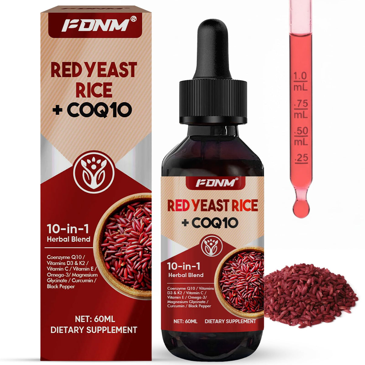 FDNM Red Rice Yeast CoQ10 Drops bottle with dropper enabling precise daily dosing.