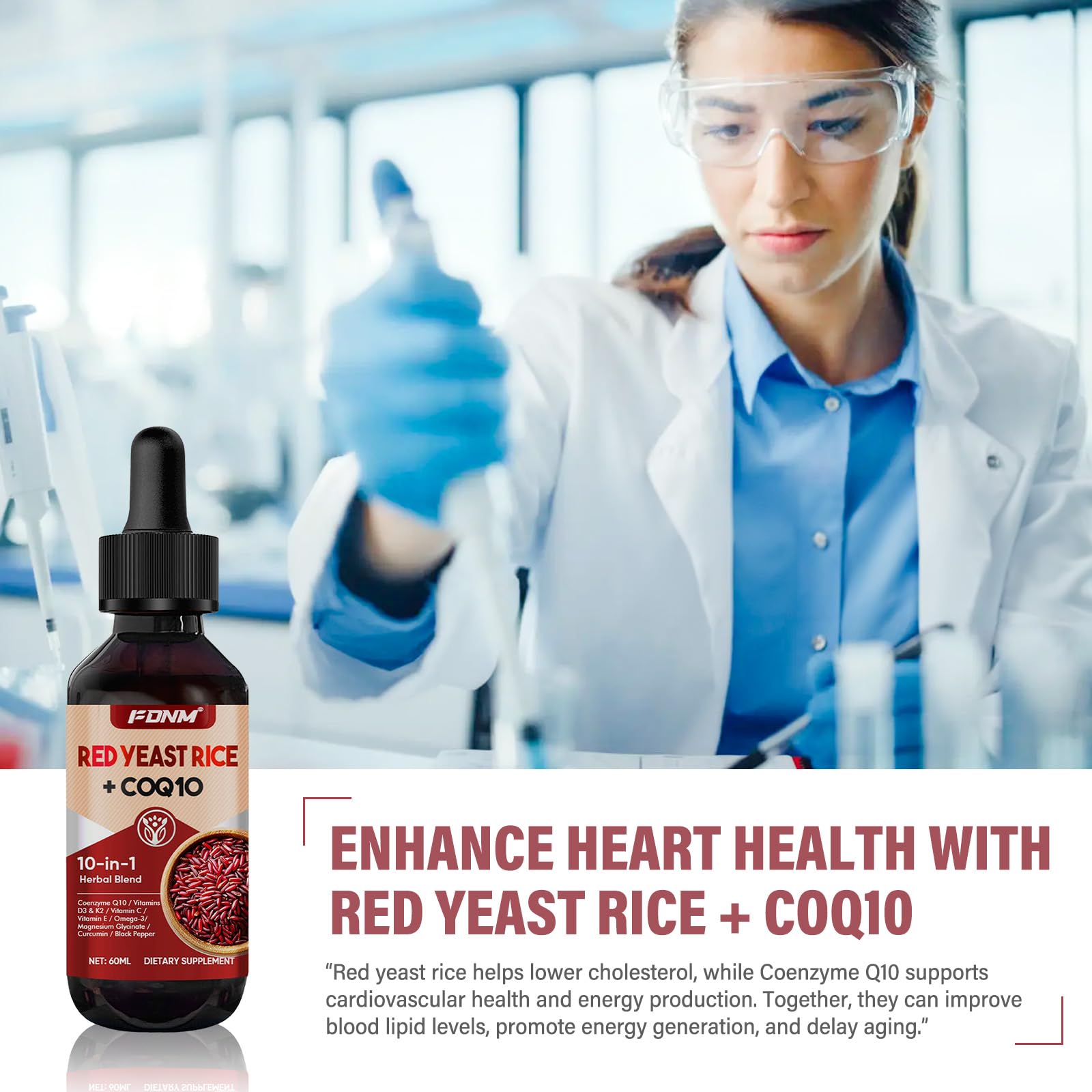 FDNM Red Rice Yeast CoQ10 Drops bottle with glass of water for integration.