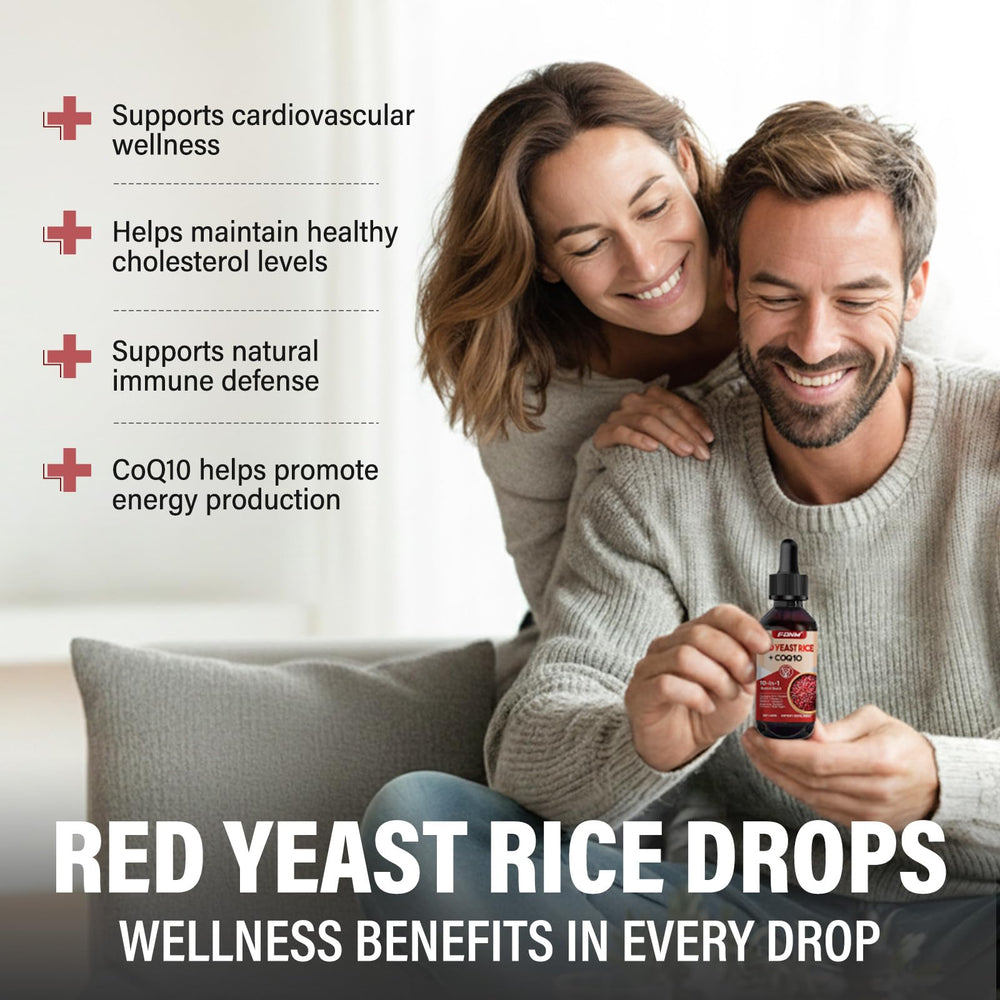 FDNM Red Rice Yeast CoQ10 Drops label close-up highlights non-GMO ingredients.
