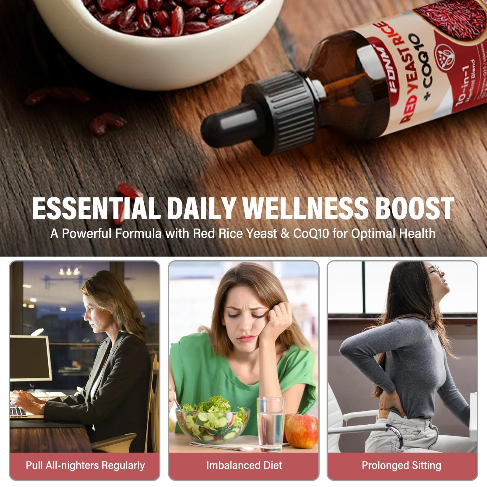 FDNM Red Rice Yeast CoQ10 Drops poured into water for easy consumption.