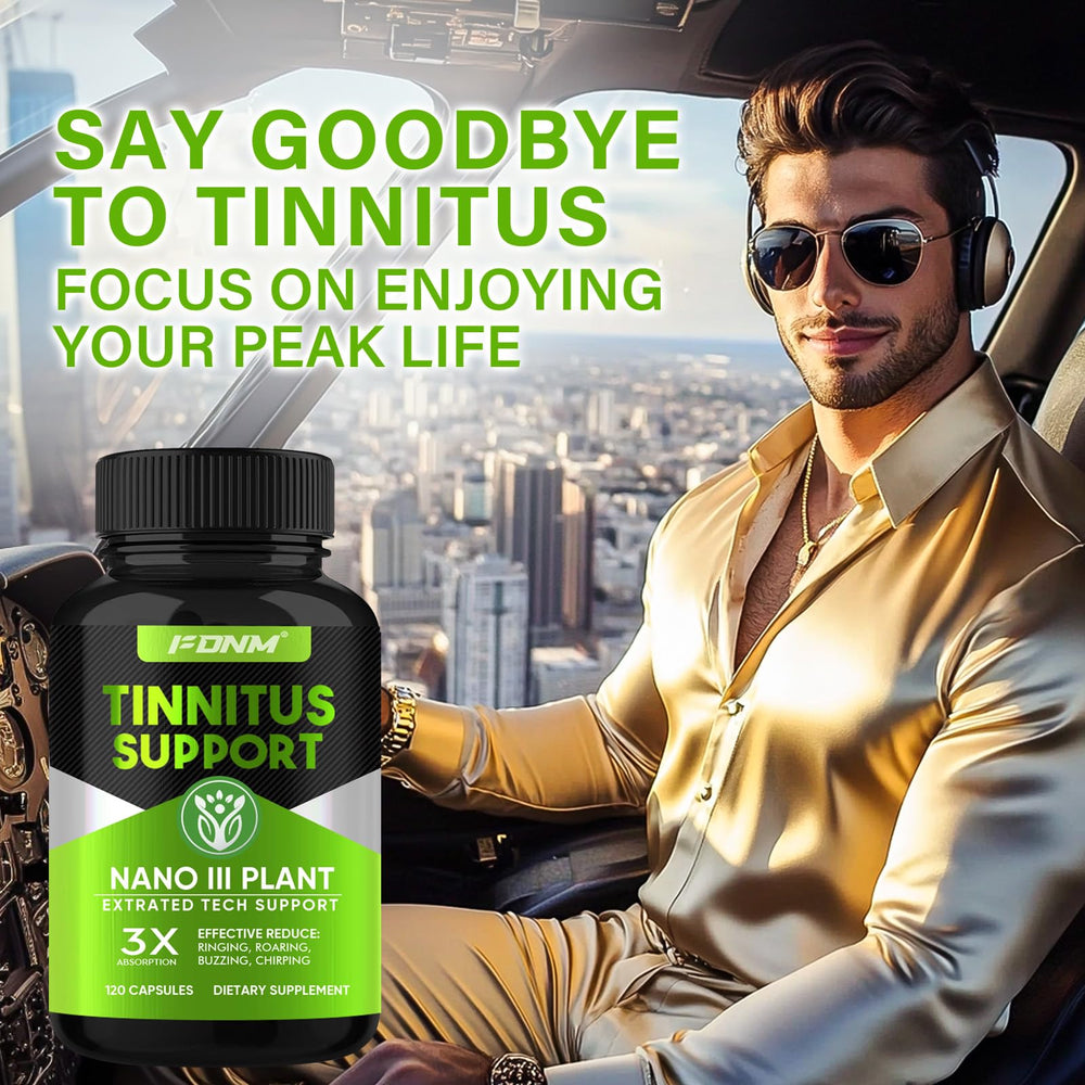 FDNM Tinnitus Relief capsules close-up highlighting daily dose support