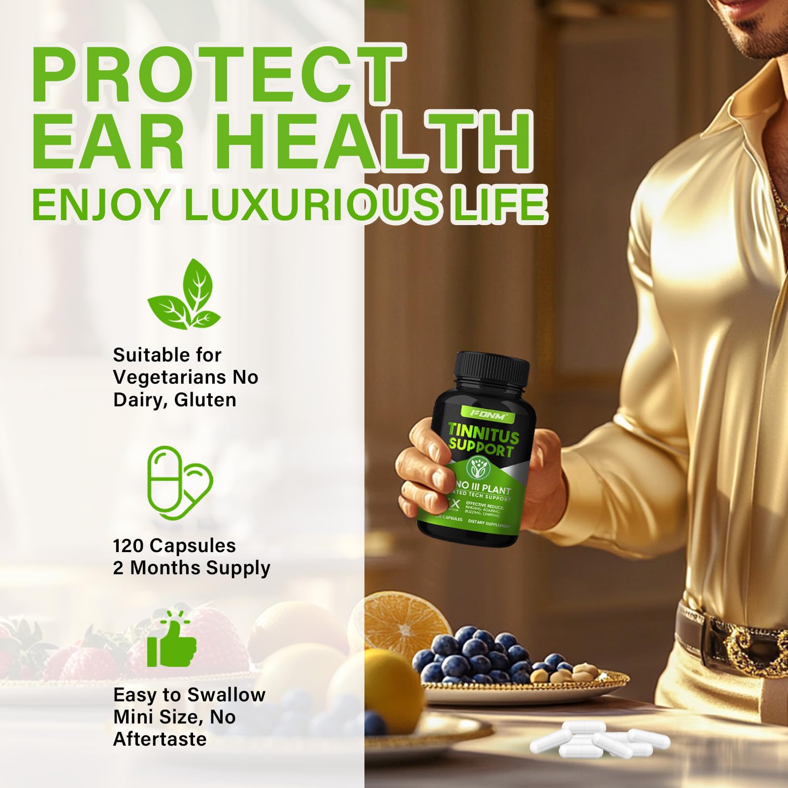 FDNM Tinnitus Relief capsules being poured for daily use