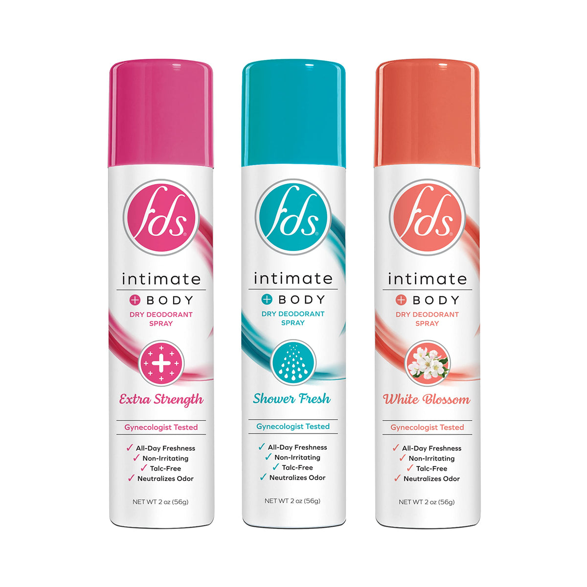 FDS Intimate Deodorant Spray Shower Fresh 2oz bottle for all-day freshness.