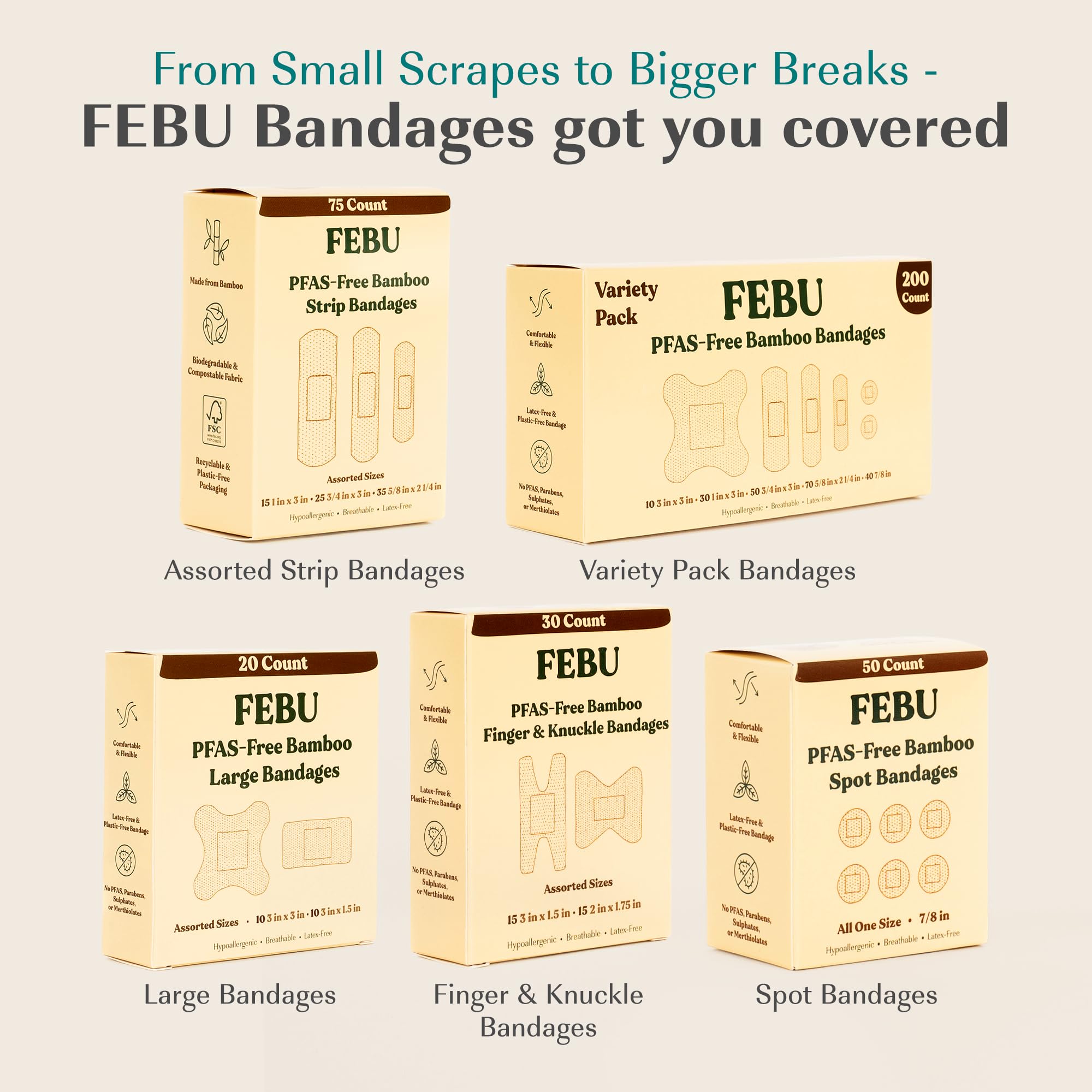 FEBU eco-friendly packaging bandages emphasizing sustainability and quality.