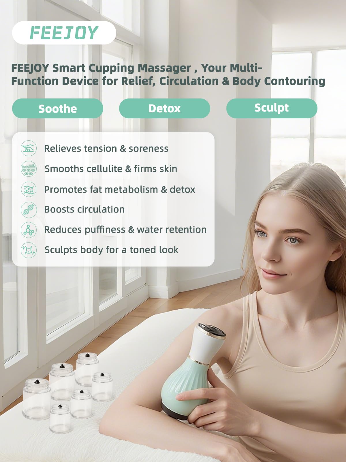 FEEJOY electric cupping kit detachable cups for static cupping and deep tissue feel.