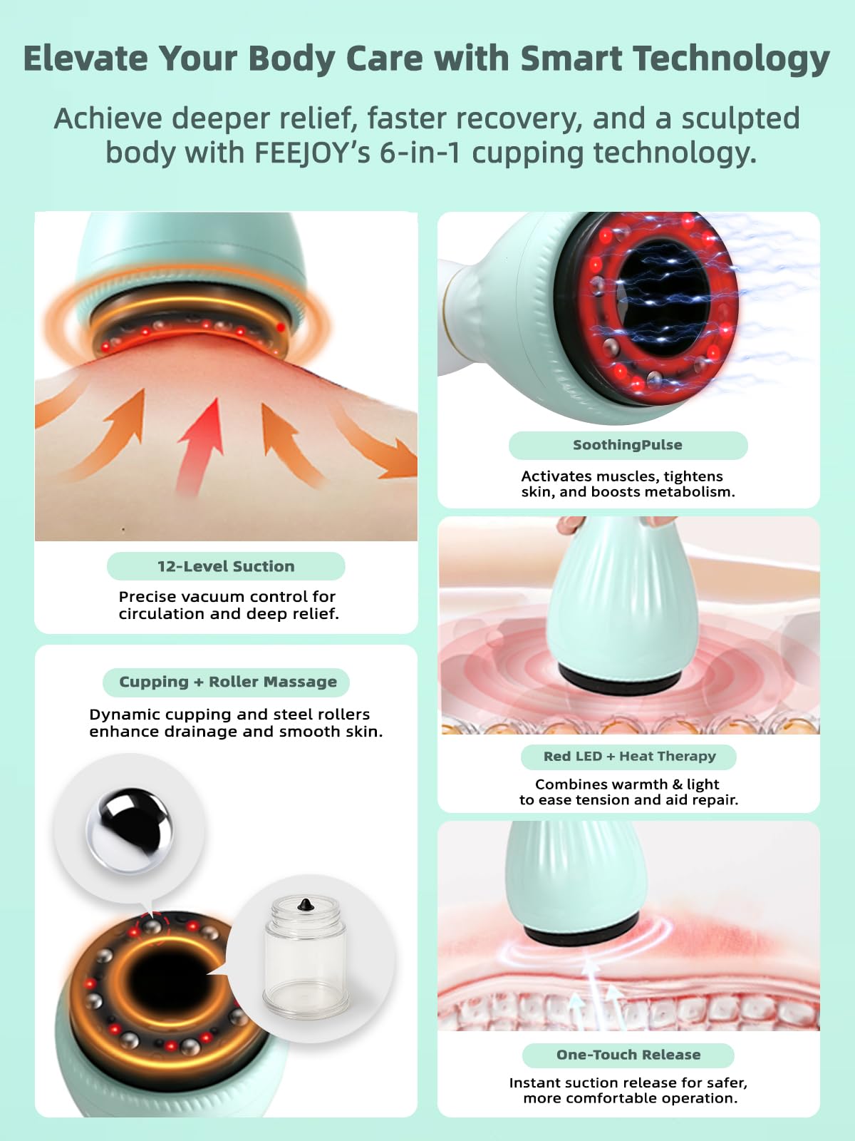 FEEJOY electric cupping kit heat rollers for warm, soothing therapy sessions.