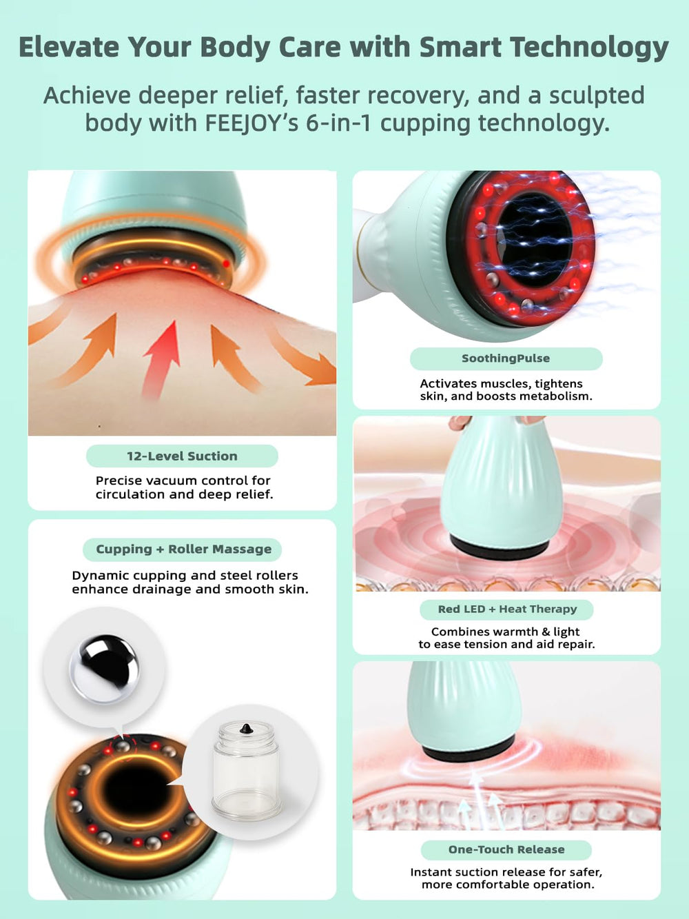 FEEJOY electric cupping kit heat rollers for warm, soothing therapy sessions.