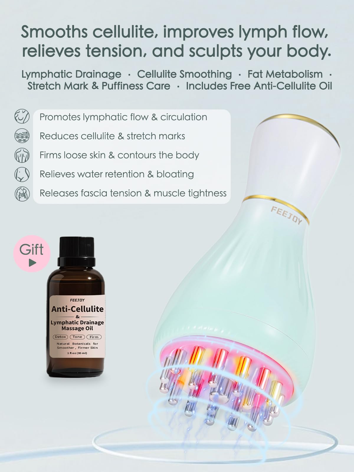 FeeJoy Lymphatic Drainage Massager held in hand for targeted relief on limbs.