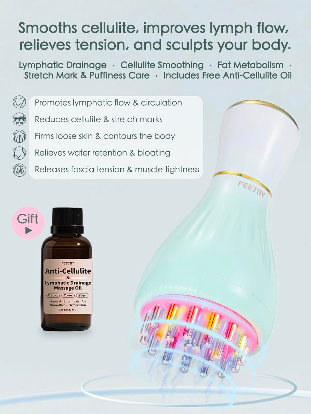 FeeJoy Lymphatic Drainage Massager held in hand for targeted relief on limbs.