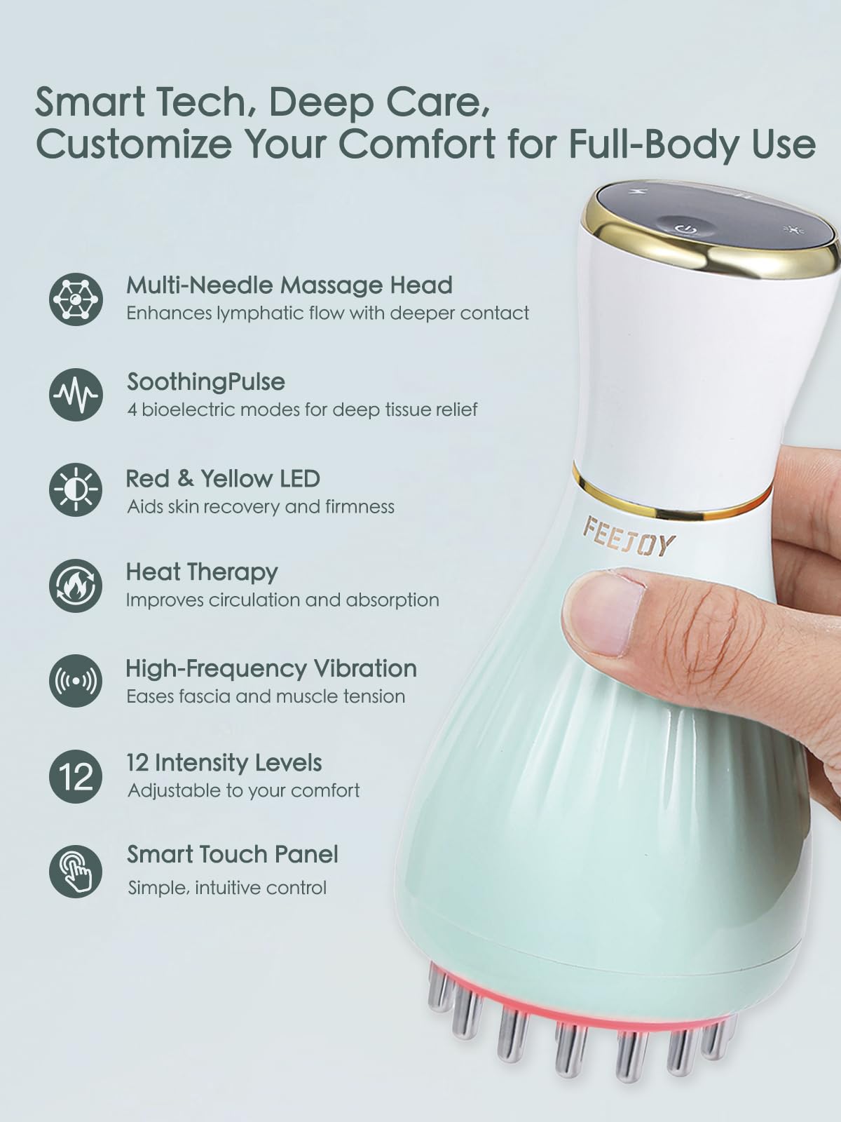 FeeJoy device emitting heat and LED glow during a therapeutic session.