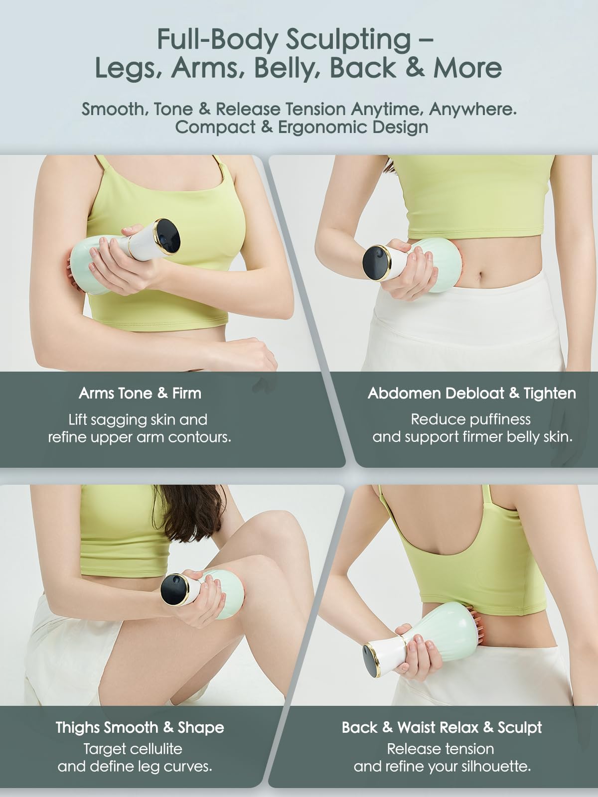 FeeJoy massager used on legs and belly for full-body contouring and drainage.