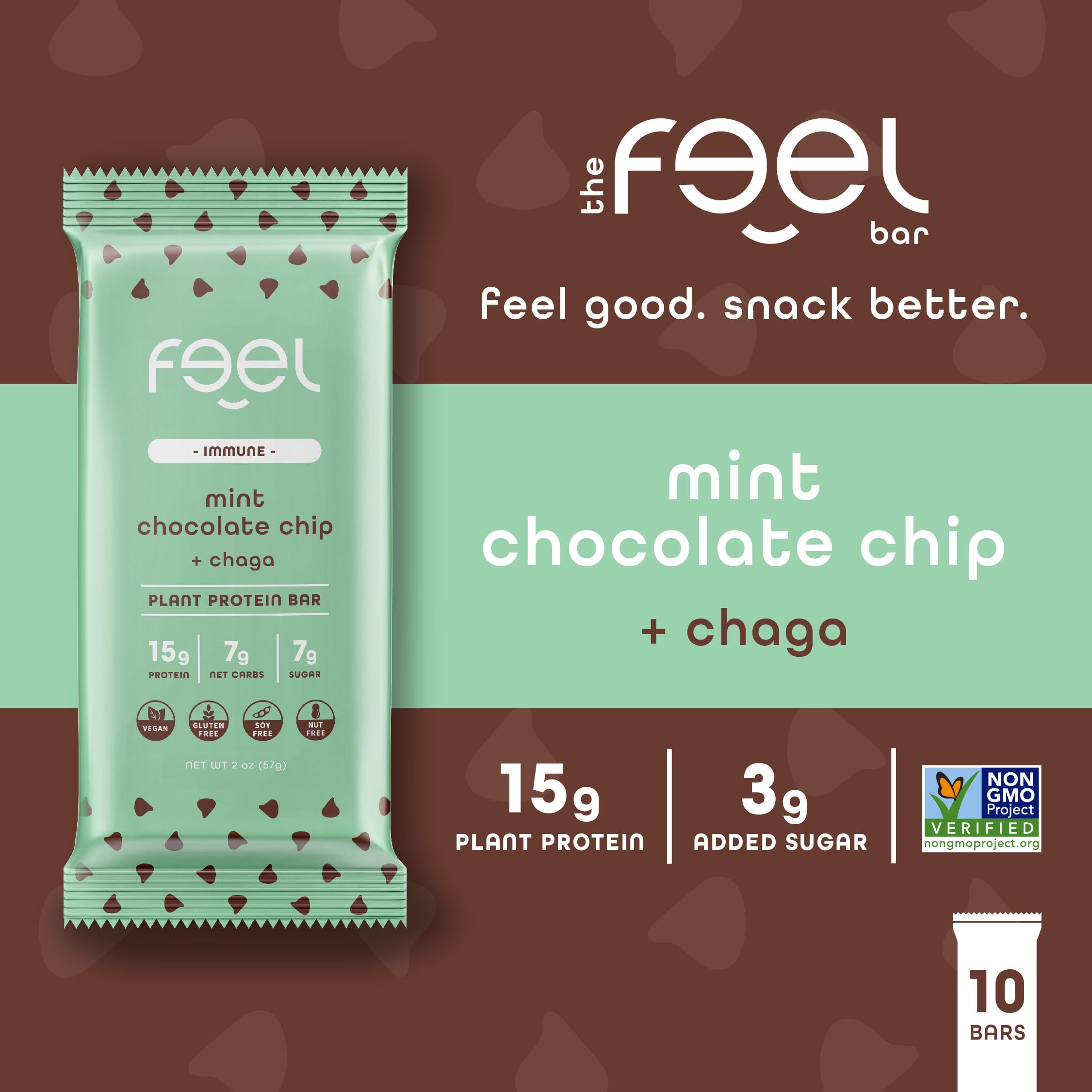 FEEL bars mint chocolate chip bar viewed; convenient protein snack for workouts.