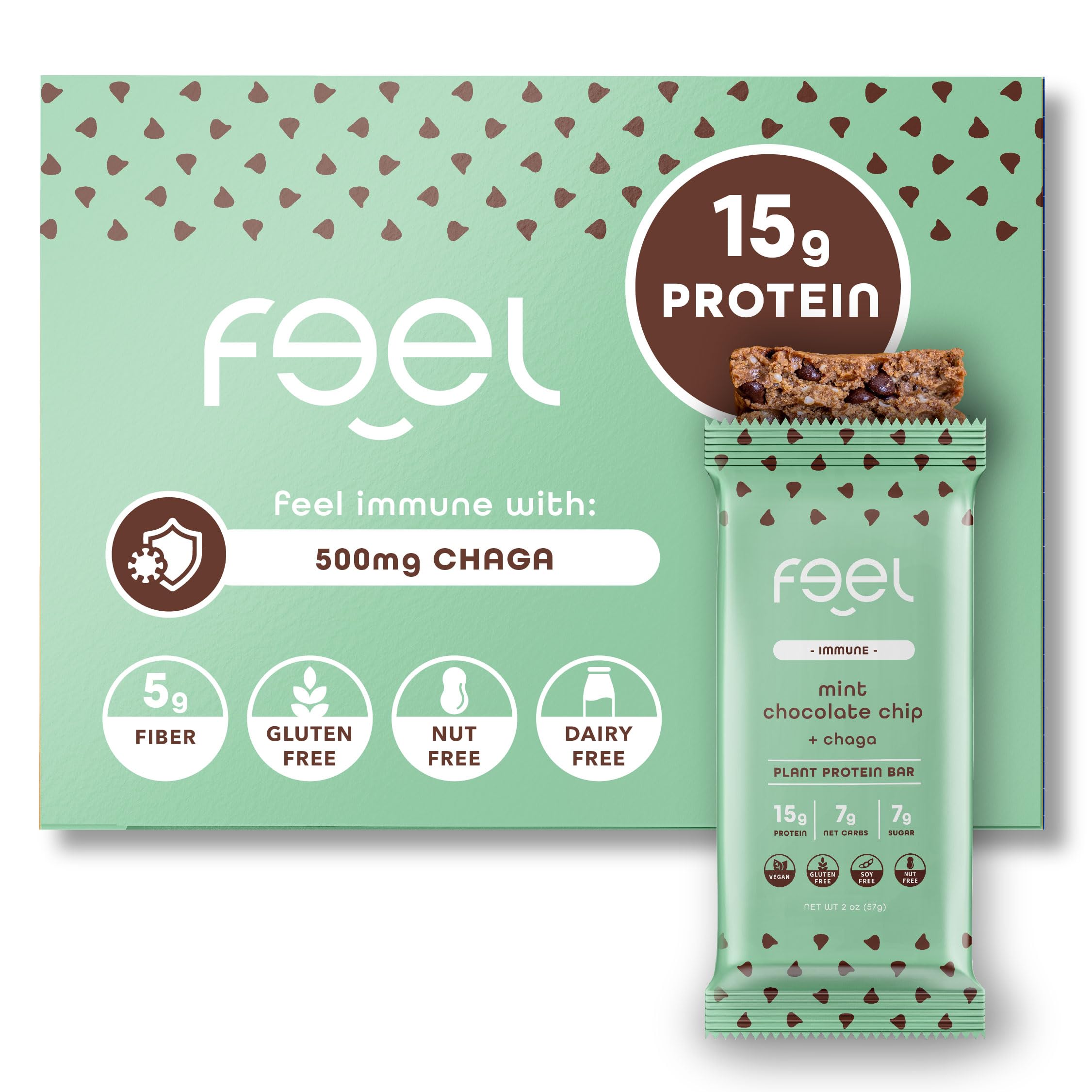 FEEL bars mint chocolate chip pack showcasing compact, on-the-go snack for balanced energy.
