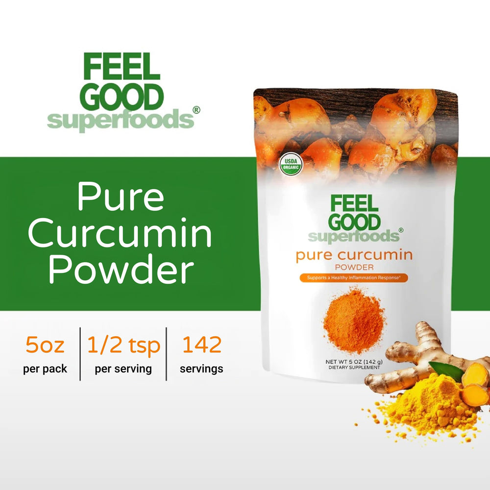FEEL GOOD Organic Curcumin Powder packaging highlights purity and kitchen convenience.