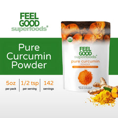 FEEL GOOD Organic Curcumin Powder packaging highlights purity and kitchen convenience.