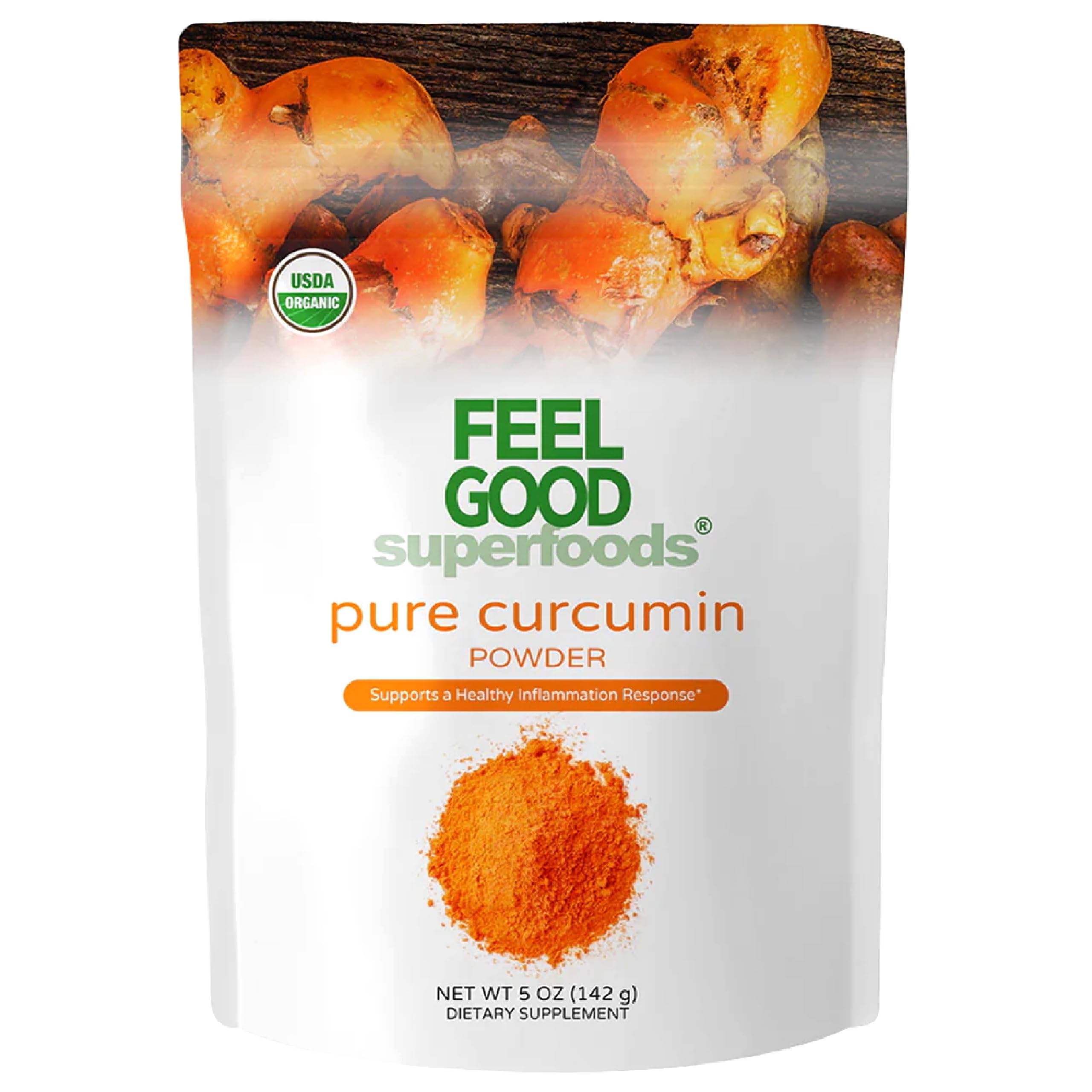 FEEL GOOD Pure Curcumin Powder bottle on counter for easy daily use.