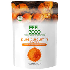 FEEL GOOD Pure Curcumin Powder bottle on counter for easy daily use.