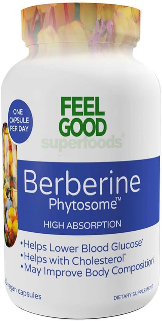Feel Good Superfoods Berberine Phytosome bottle showing premium vegan capsules for daily use.