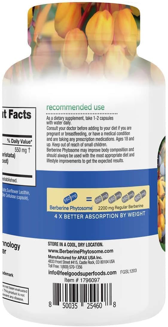 Feel Good Superfoods Berberine Phytosome capsules demonstrate easy daily intake for busy mornings.