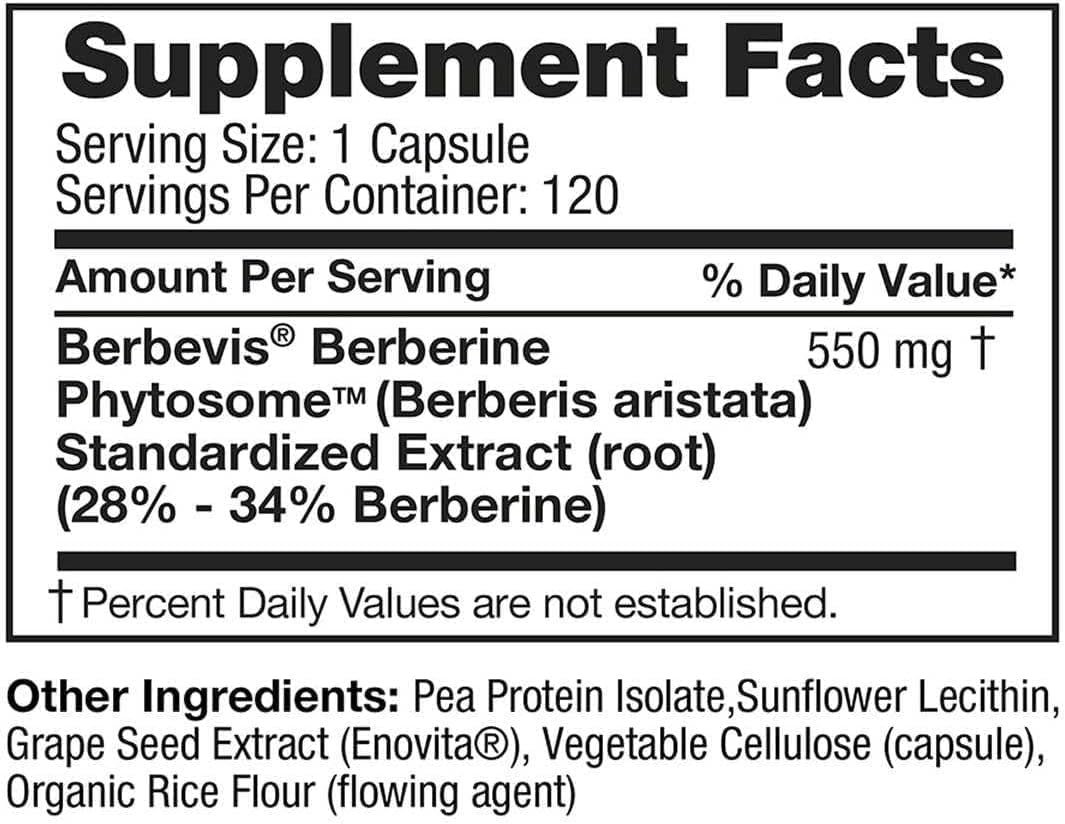 Feel Good Superfoods Berberine Phytosome ingredients close-up emphasizes 500 mg dose.