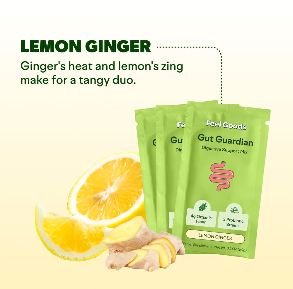 Feel Goods Gut Guardian herbal blend with lemon balm and ginger for digestive comfort.