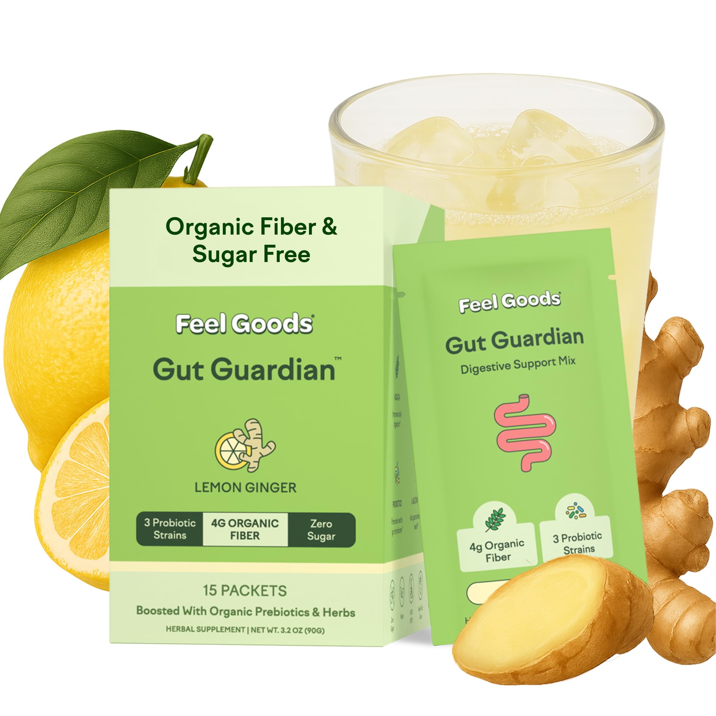 Feel Goods Gut Guardian powder tub with lemon ginger flavor for refreshing gut health.