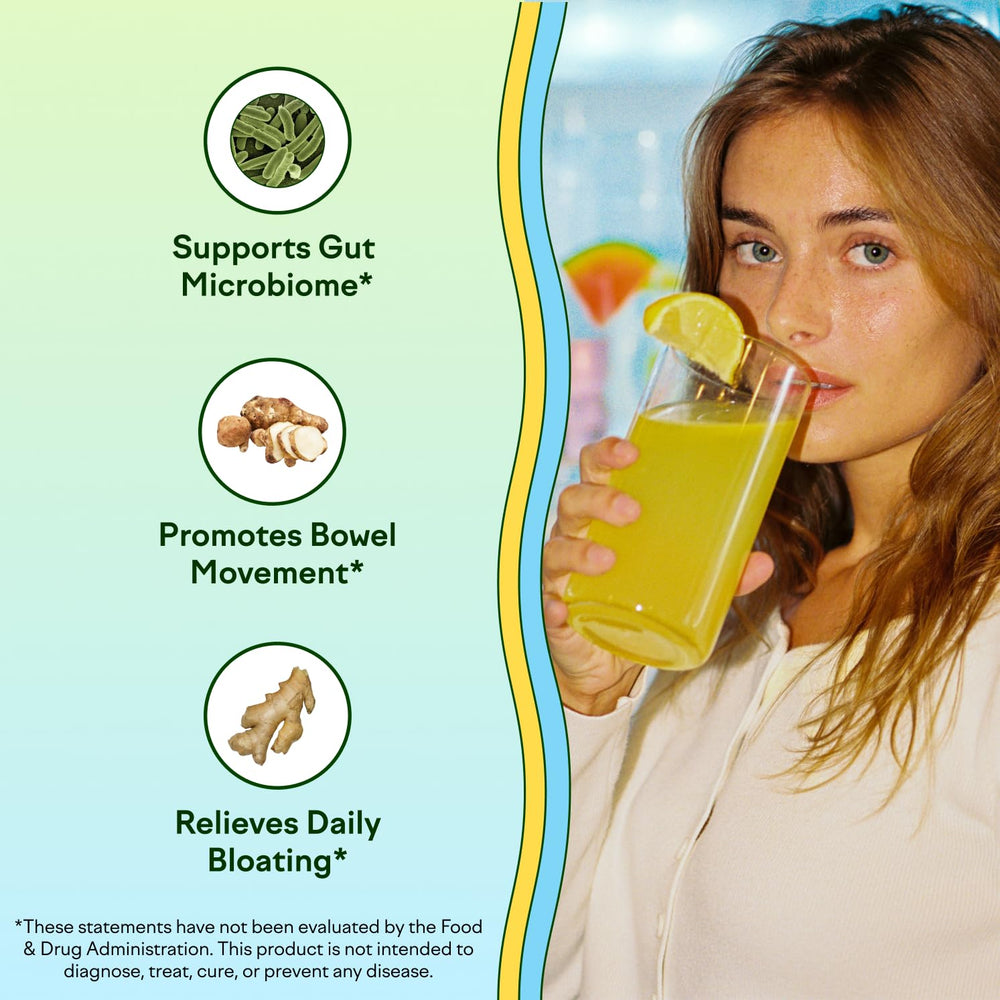 Feel Goods Gut Guardian lemon-ginger sip glass ready for easy digestion after meals.
