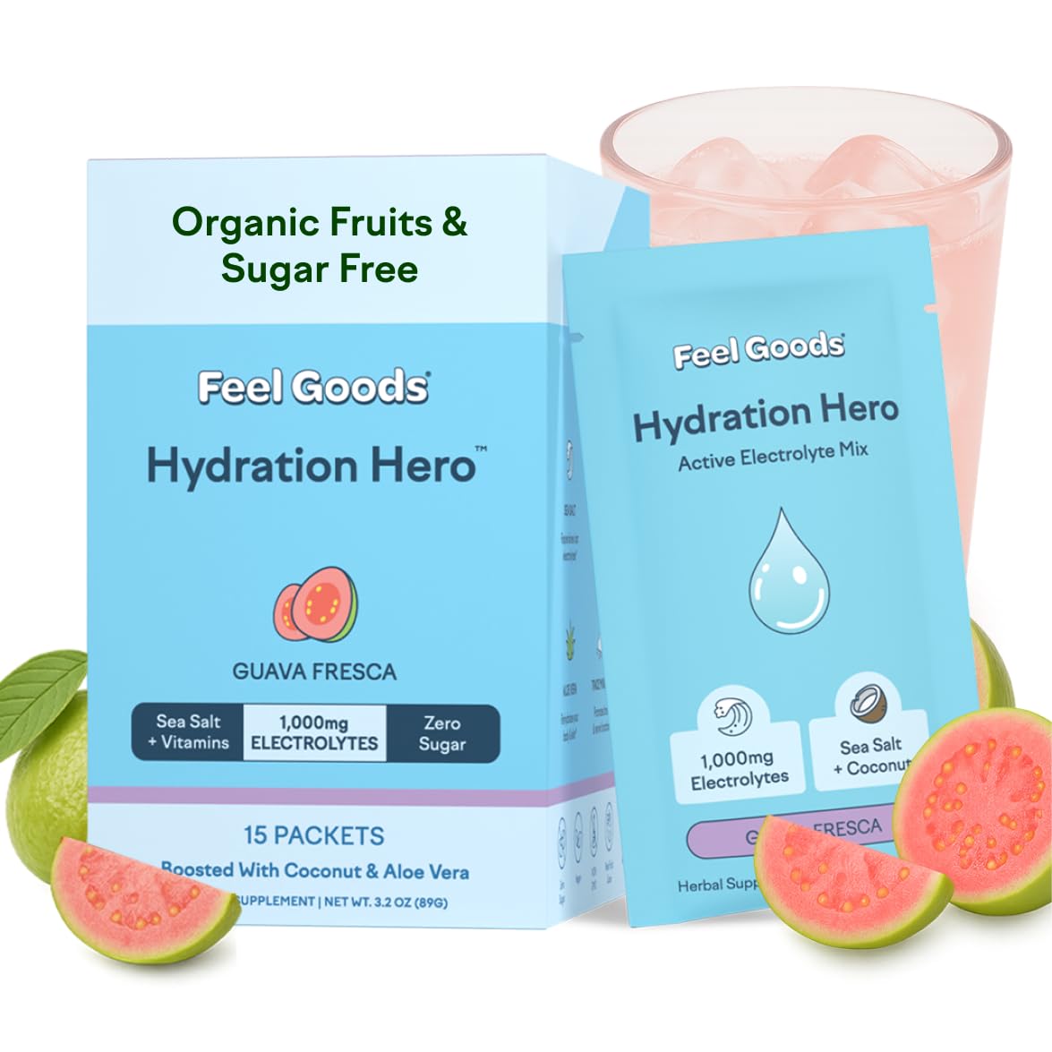 Feel Goods Hydration Hero bottle pour showing quick hydration and refreshing flavor