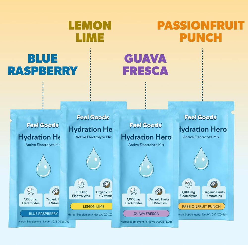 Feel Goods Hydration Hero ingredients label close-up showing electrolytes and vitamins.