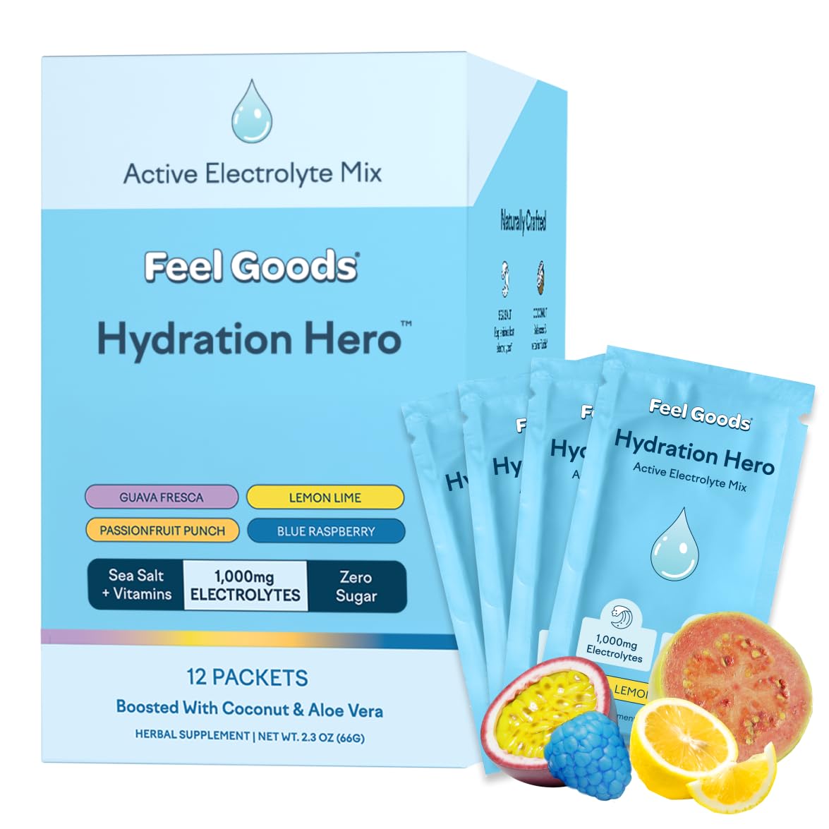 Feel Goods Hydration Hero lemon-lime packet for on-the-go hydration with electrolytes.