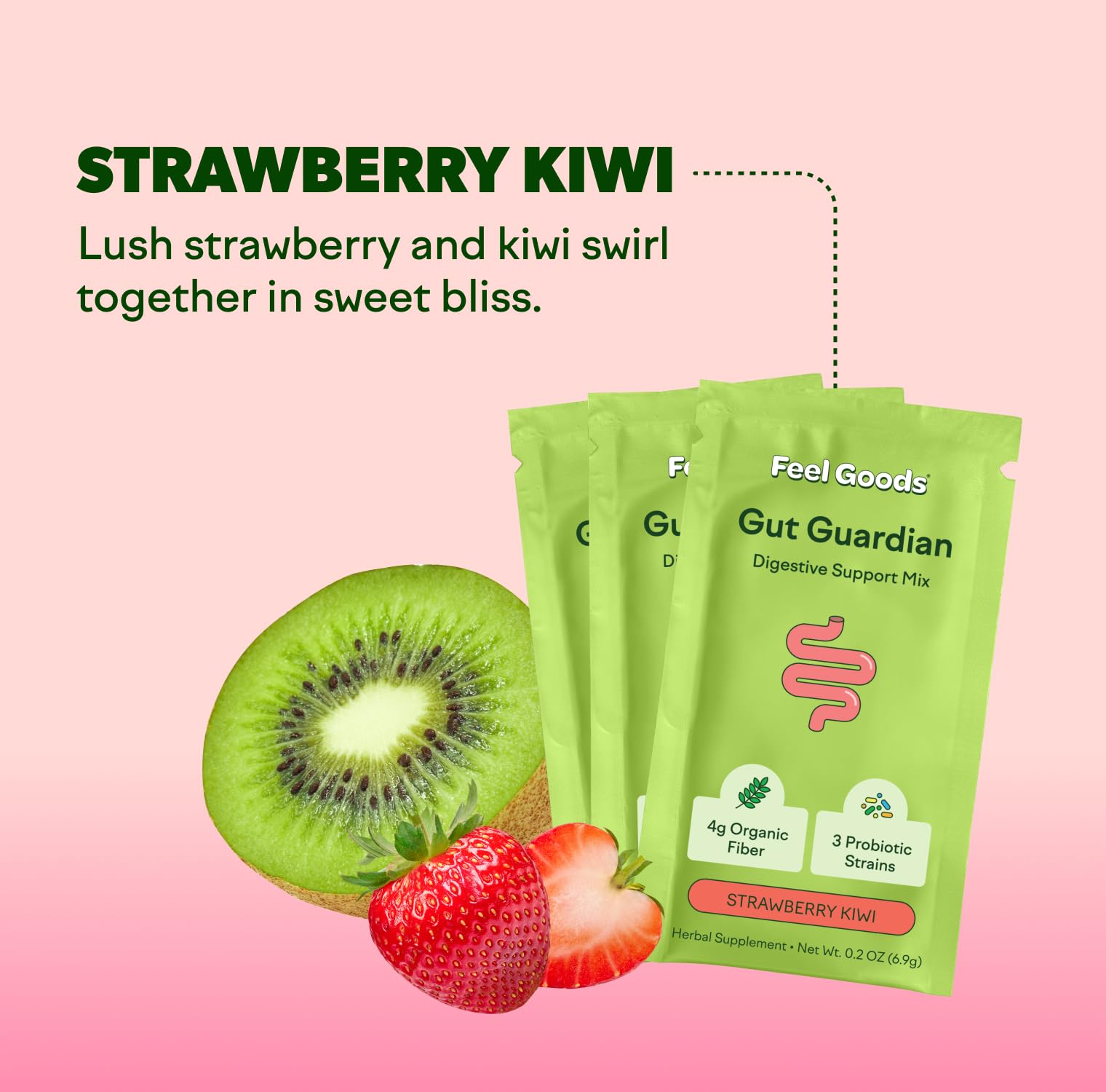Feel Goods Strawberry Kiwi flavor powder invites sugar-free gut support.